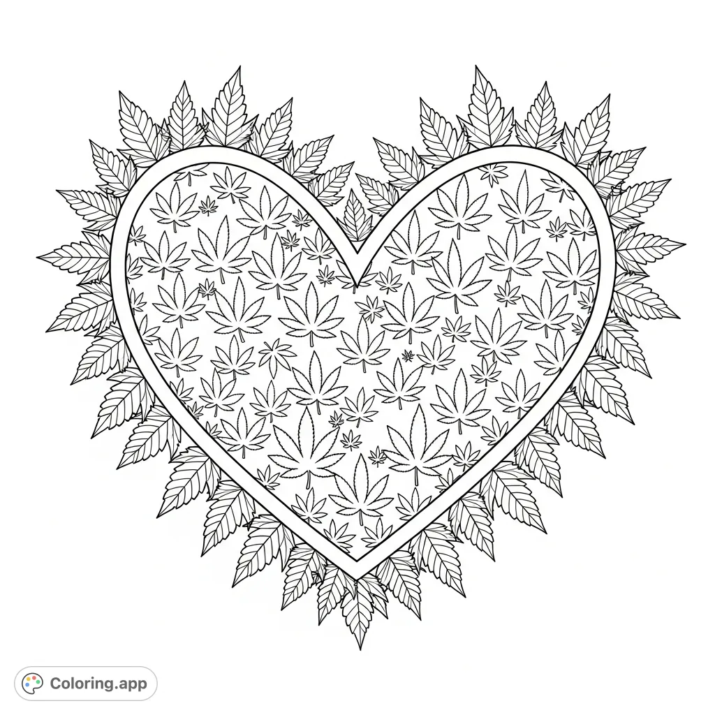 A bold heart shape meticulously crafted from layered cannabis leaves, featuring prominent veins and an intricate mosaic of smaller leaf silhouettes. A unique adult coloring page.
