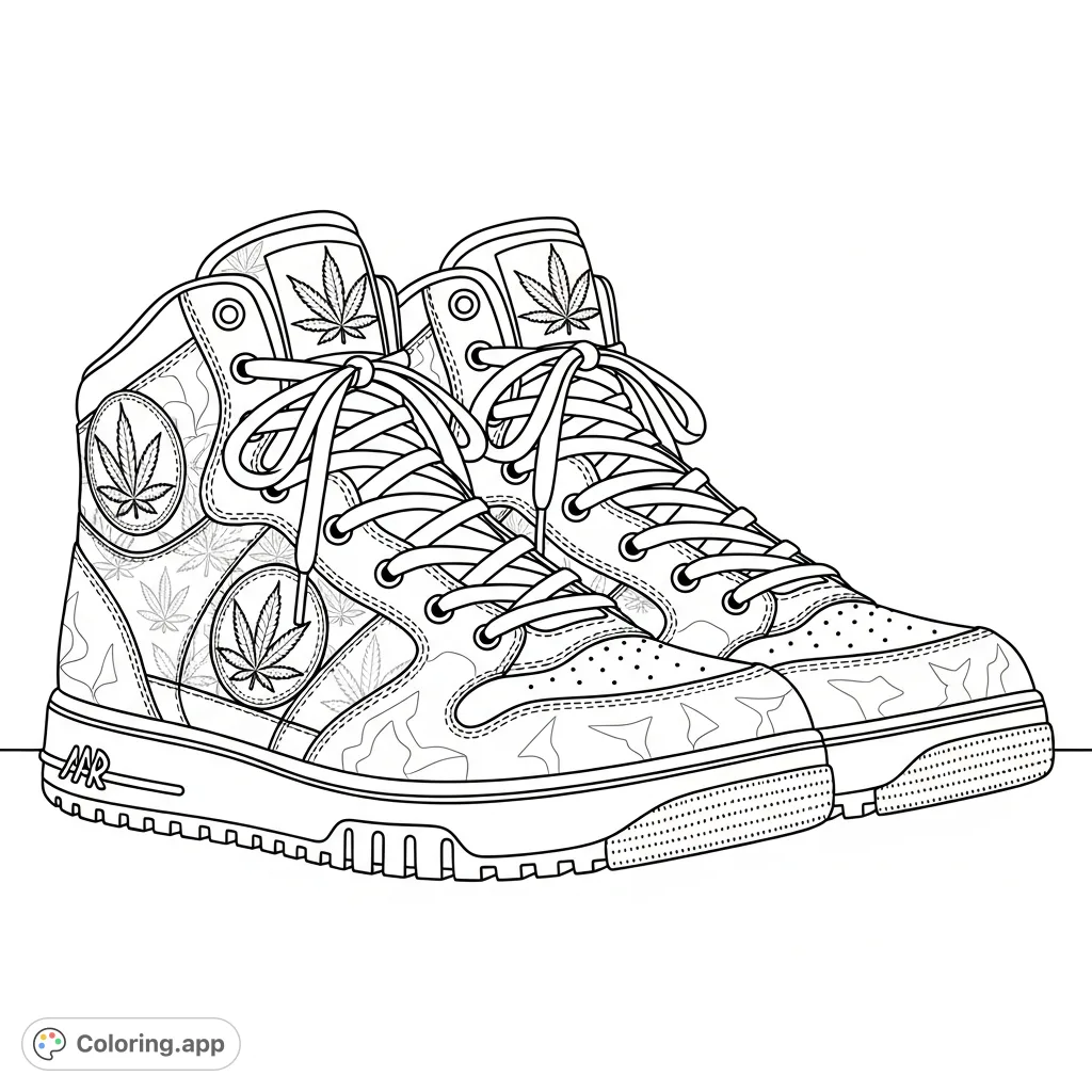 Detailed high-top sneakers feature intricate cannabis leaf motifs, prominent stitching, and textured soles. A unique and complex coloring experience for adults.
