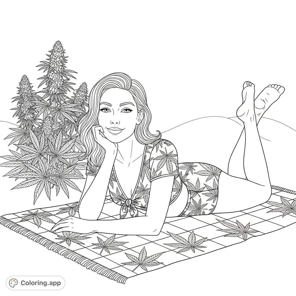 Relax with this unique cannabis-themed coloring page featuring a woman lounging on a detailed leaf-patterned blanket and top, surrounded by stylized plants.