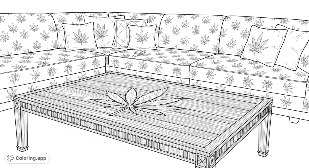 An opulent living room with a sofa featuring embossed cannabis leaf patterns and a coffee table with an intricate cannabis plant inlay. Rich textures and elegant details for adult colorists.