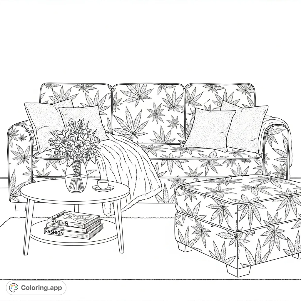 Unwind in a stylish living room coloring page featuring a cozy sofa, ottoman with a unique cannabis leaf pattern, and elegant details for a sophisticated coloring escape.