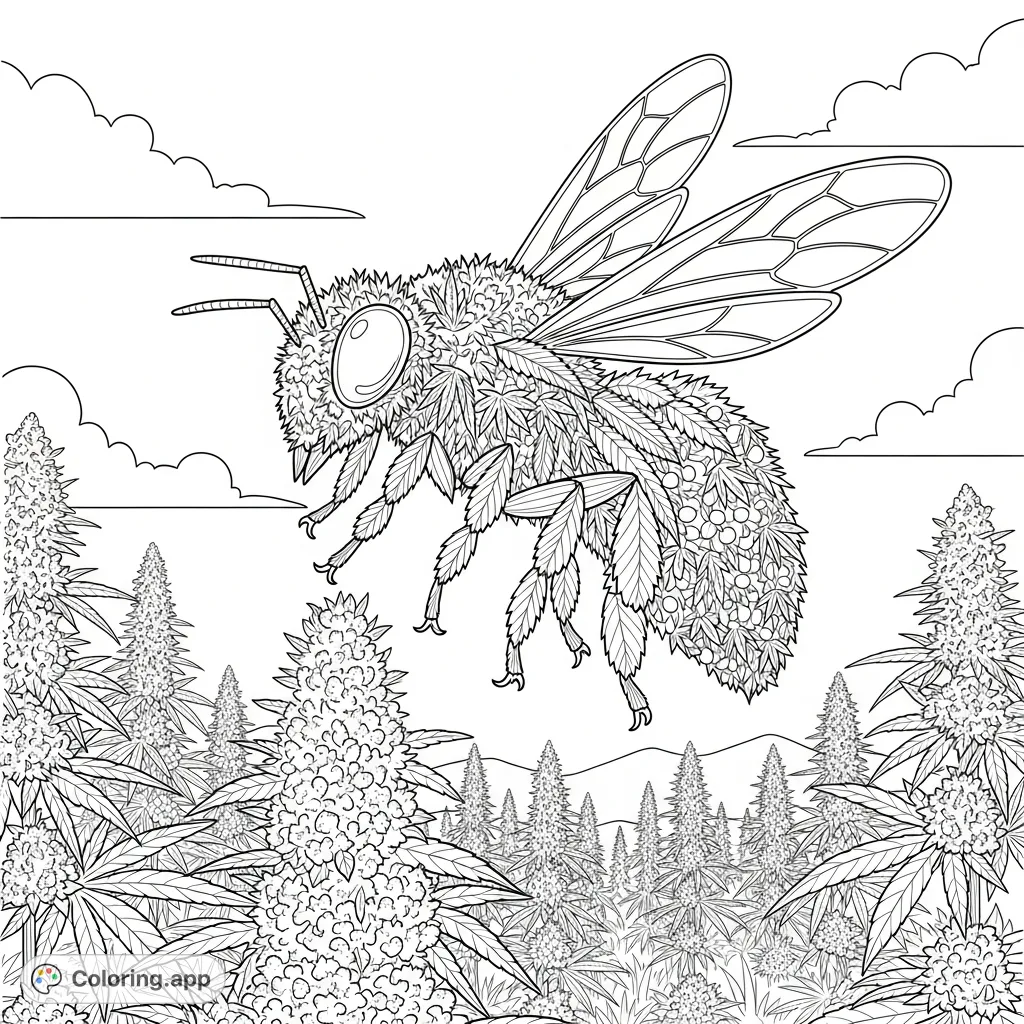 Discover this unique cannabis bee coloring page, featuring an intricate bee formed from cannabis foliage hovering above a field of flowering plants. Perfect for adult colorists.