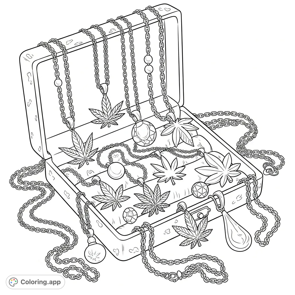 Discover a curated collection of cannabis leaf necklaces resting in an ornate jewelry box, featuring intricate designs and delicate chains.