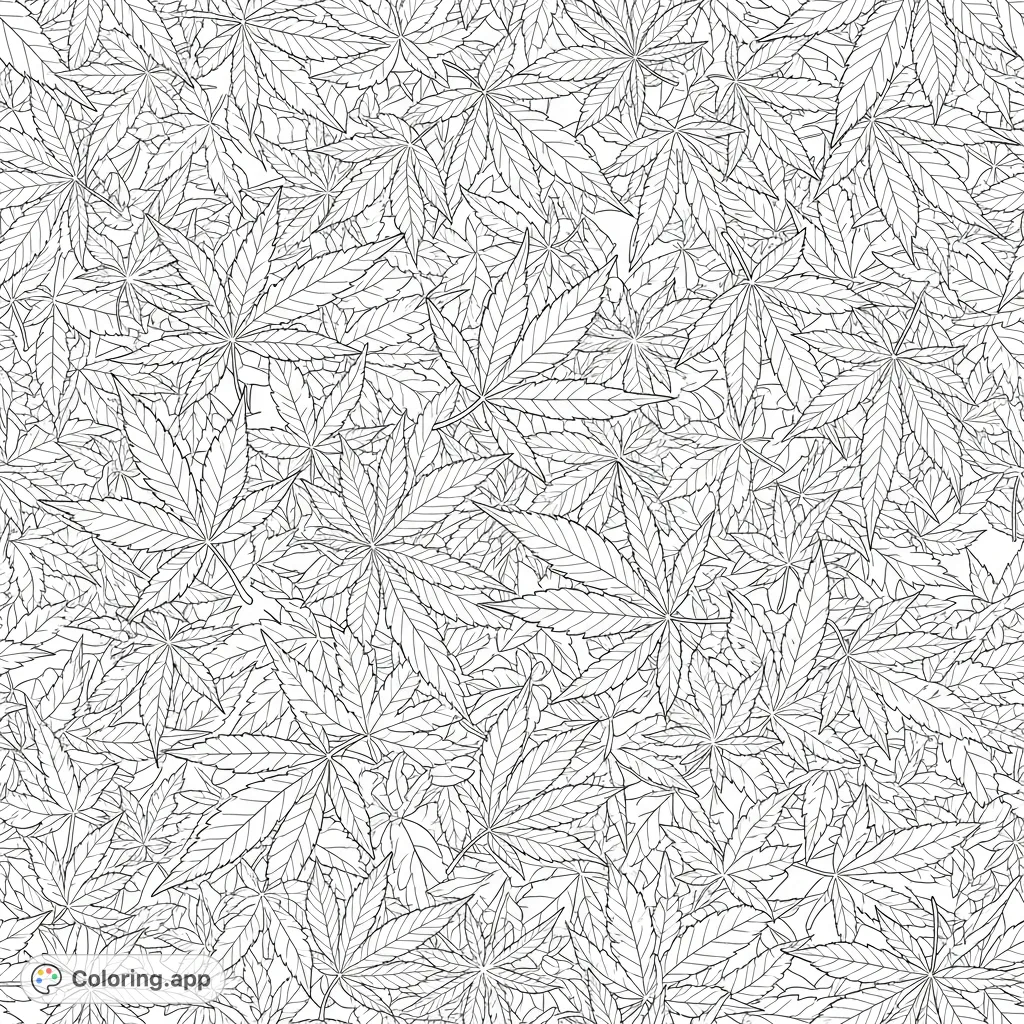 Immerse yourself in a dense tapestry of overlapping cannabis leaves, featuring intricate serrated edges and distinct veins for a satisfying coloring experience.