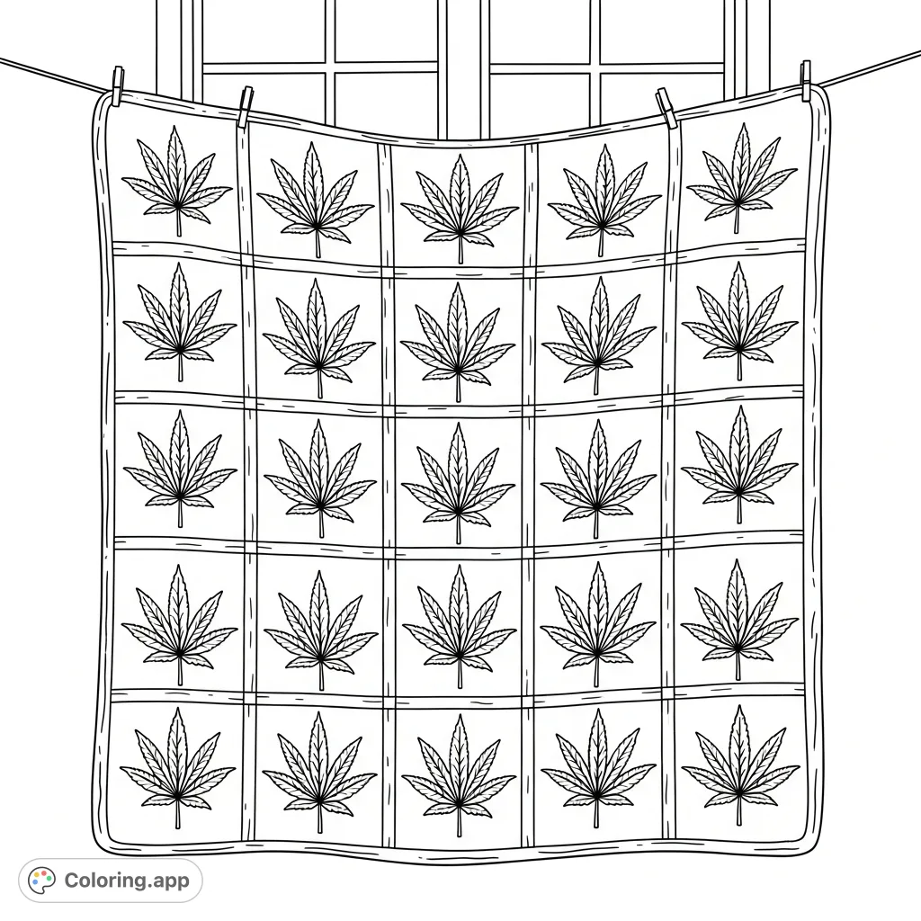 An intricate quilt with detailed cannabis leaves, hanging on a rustic clothesline against a sunlit window. Perfect for adult coloring and mindful relaxation.