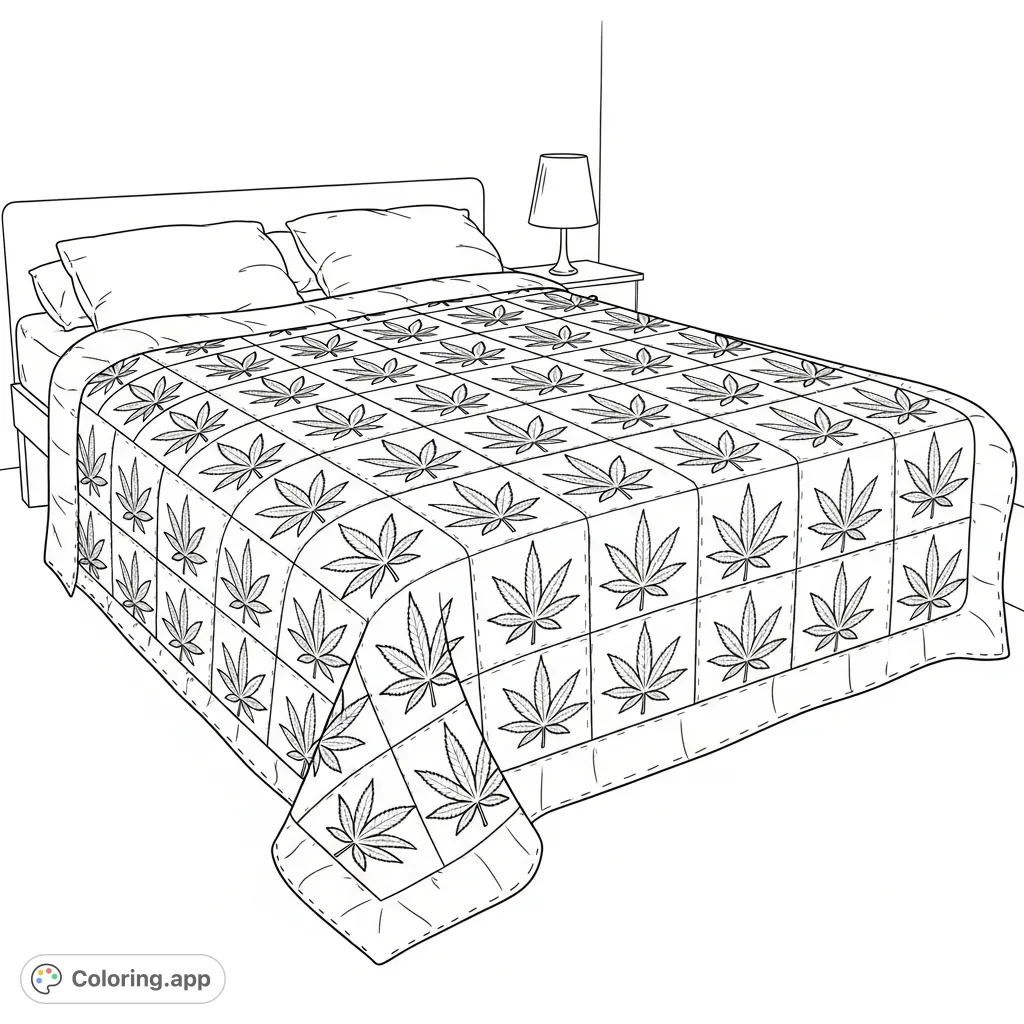 Discover a unique cannabis leaf quilt coloring page. Intricate leaves with detailed veining on a checkerboard pattern. Perfect for adult colorists!