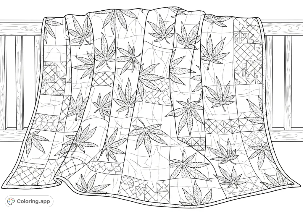 Discover a hand-stitched quilt adorned with intricate cannabis leaf motifs, gracefully draped over a wooden railing, offering detailed patterns.