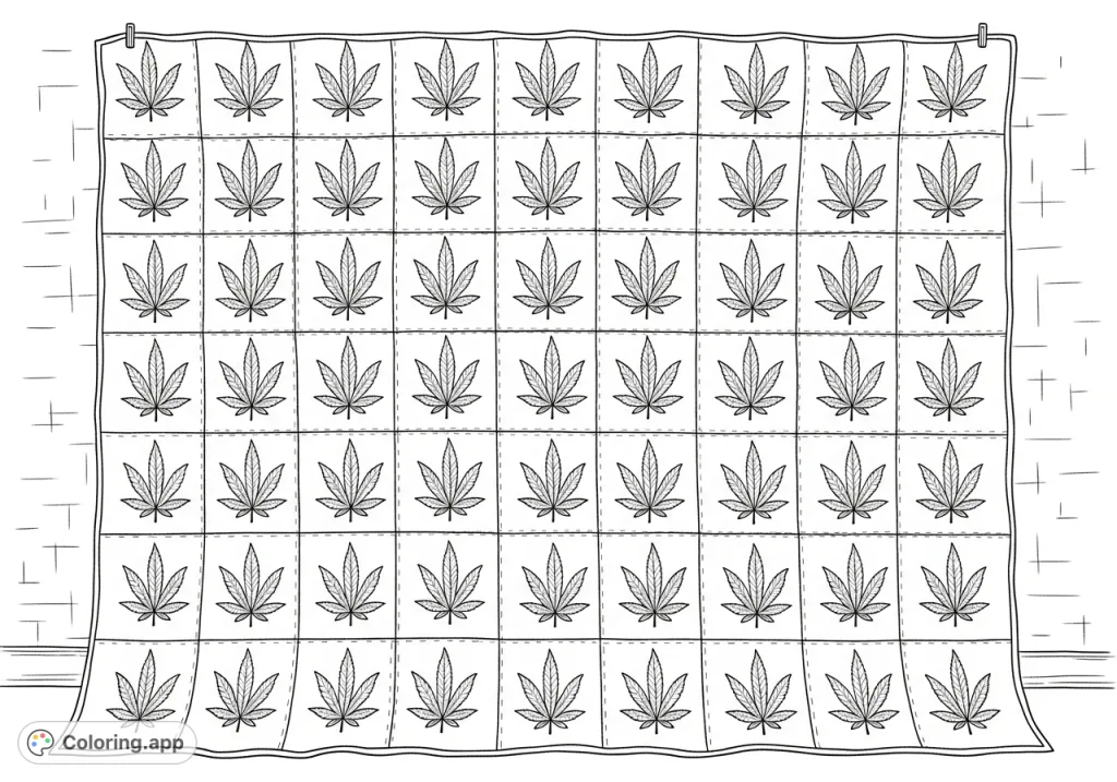 A detailed coloring page featuring a substantial quilt adorned with a grid of intricately patterned cannabis leaves, perfect for adult colorists.