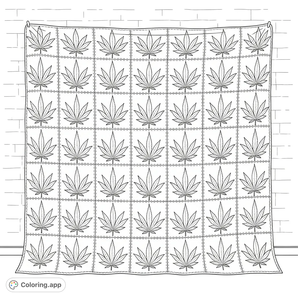 Explore a detailed cannabis leaf quilt coloring page, featuring numerous intricately designed leaves within a stitched grid, perfect for adult colorists seeking creative expression.