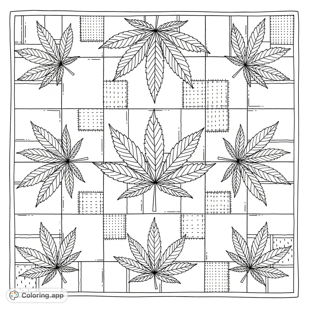 A detailed coloring page featuring a hand-stitched quilt with a symmetrical pattern of prominent cannabis leaves, showcasing intricate veins and robust fabric seams.