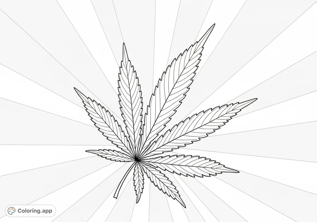 A striking cannabis leaf, intricately veined, stands against a radiant backdrop of subtle light bands. A captivating design for relaxation and creative expression.