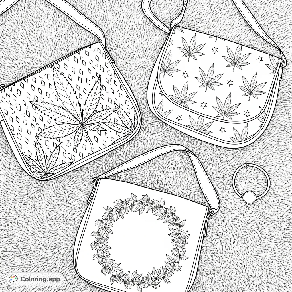 Discover three stylish shoulder bags with unique cannabis leaf patterns and a bracelet, resting on a textured rug. A trendy and detailed adult coloring page.
