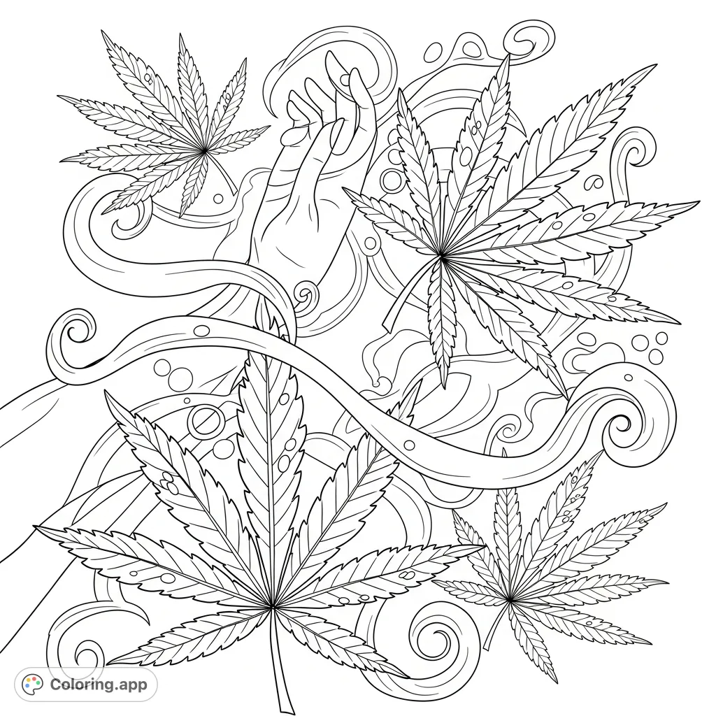 An intricate adult coloring page showcasing stylized cannabis leaves with prominent veins, interwoven with elegant smoke tendrils and subtle geometric patterns. Features delicate droplets.