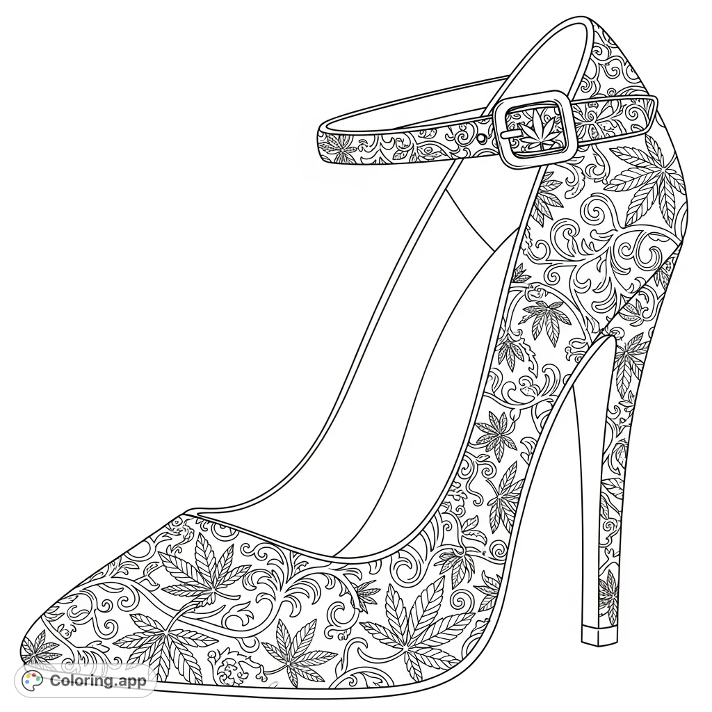 A detailed high-heeled stiletto covered in an intricate, swirling pattern of cannabis leaves and vines. Features a pointed toe, stiletto heel, and a decorative leaf buckle.