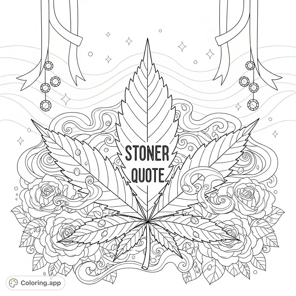 An intricately detailed cannabis leaf featuring a "stoner quote," surrounded by smoke tendrils, blooming roses, and sparkling gems, set against a dreamy background.