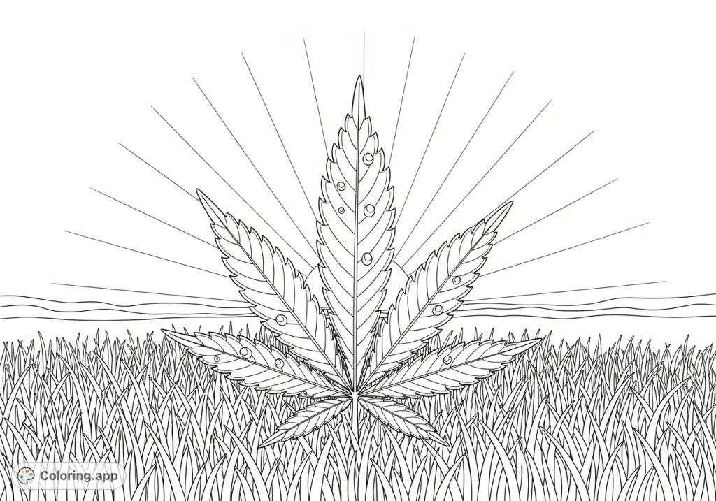 A detailed cannabis leaf unfurls in dewy grass, catching light from the rising sun. Intricate serrated edges and moisture offer a captivating challenge for colorists.