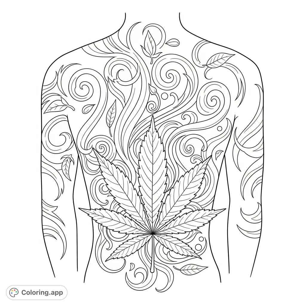 An intricate cannabis leaf tattoo design for the back, featuring detailed foliage and swirling abstract elements. Perfect for adults seeking unique botanical coloring.