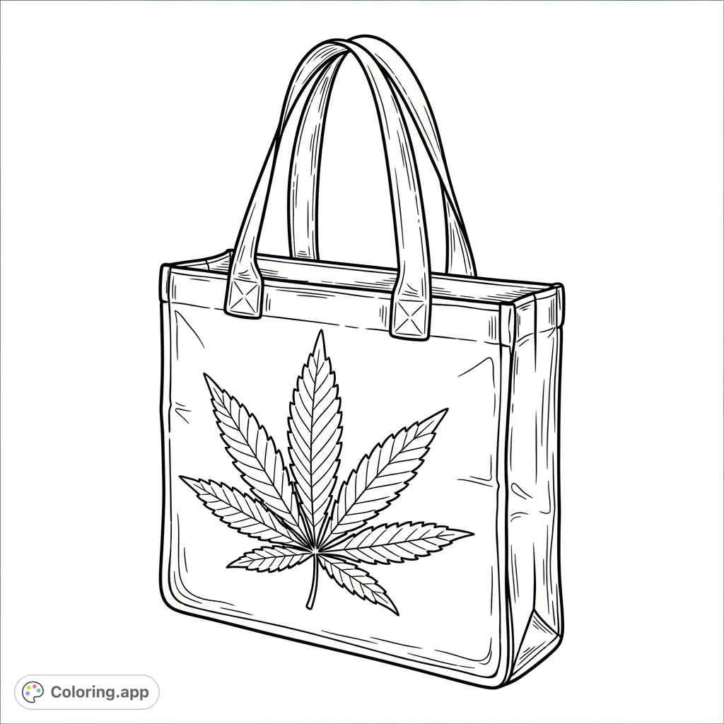 Color a stylish fabric tote bag featuring a prominent, detailed cannabis leaf design. An engaging free printable adult cannabis coloring page for relaxation.