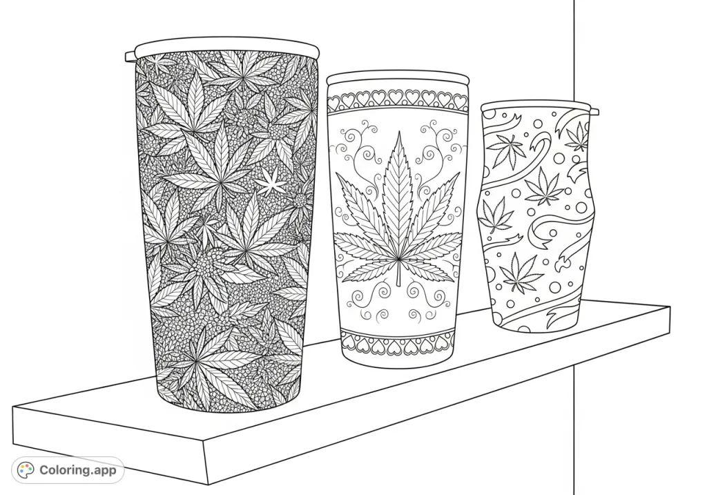 A detailed cannabis leaf coloring page featuring three tumblers with intricate designs of leaves, hearts, polka dots, and ribbons on a shelf.