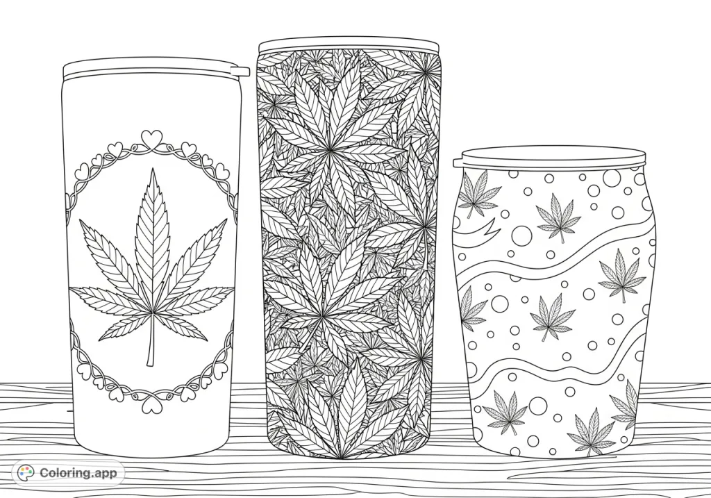 Discover three unique tumblers adorned with intricate cannabis leaf patterns, delicate hearts, polka dots, and ribbons on a polished wooden counter.