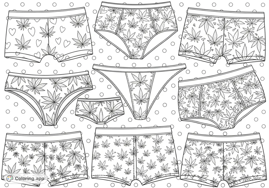Explore a unique collection of briefs, thongs, and boy shorts, each adorned with intricate cannabis leaf patterns, arranged on a flat surface. A distinct coloring page for adults.