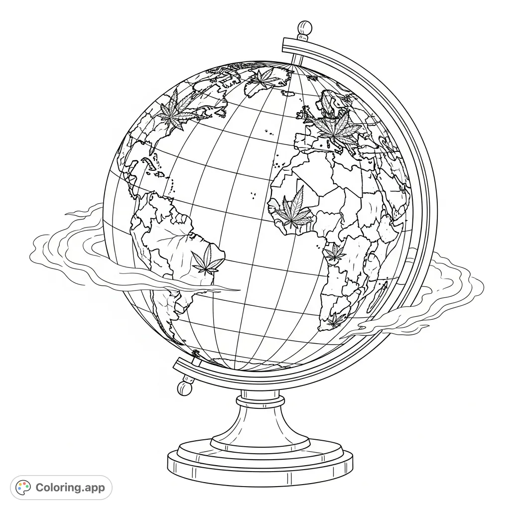 A unique cannabis globe coloring page, featuring continents shaped as stylized leaves and intricate geographical details for a relaxing coloring experience.