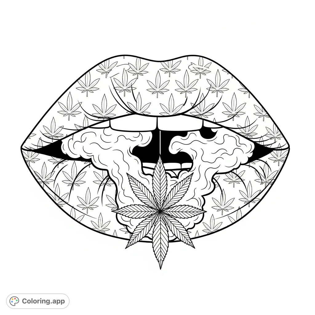 Explore this intricate adult cannabis lips coloring page, featuring prominent lips adorned with repeating cannabis leaf patterns and smoke forming a marijuana leaf.