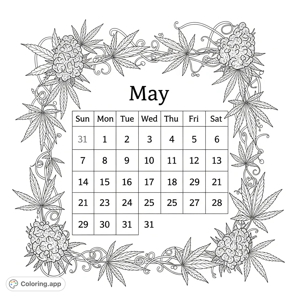 An intricate May calendar coloring page featuring cannabis leaves and botanical details, perfect for adult colorists. A unique blend of functional and natural design.