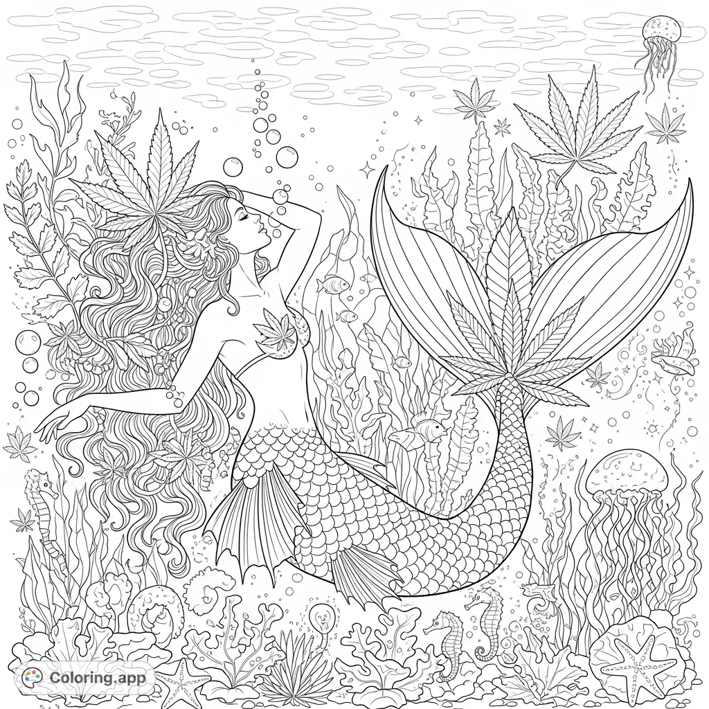 A graceful mermaid reclines amidst underwater plants, her hair and tail adorned with intricate cannabis leaf motifs and scale patterns. A unique adult coloring page.