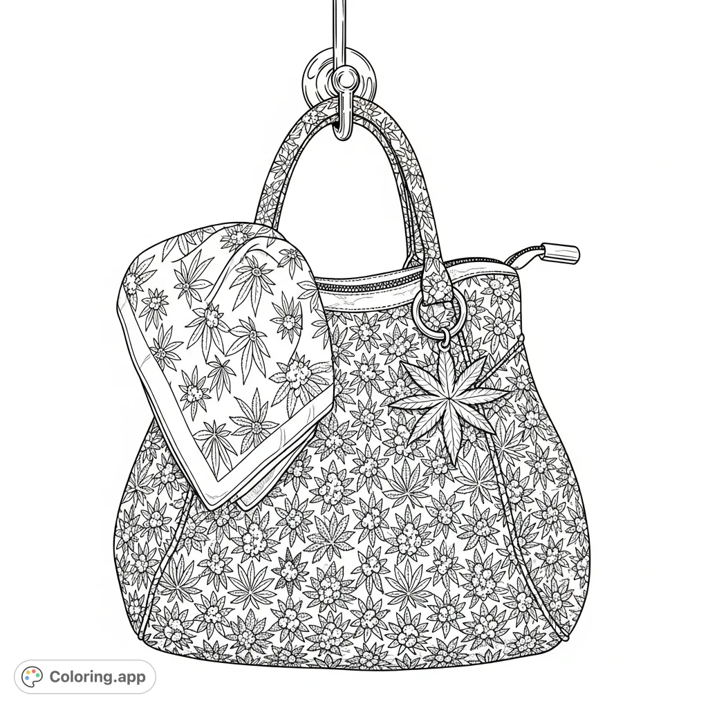 An intricately patterned handbag featuring a dense cannabis leaf motif, with a matching silk handkerchief peeking out, perfect for creative adult colorists.