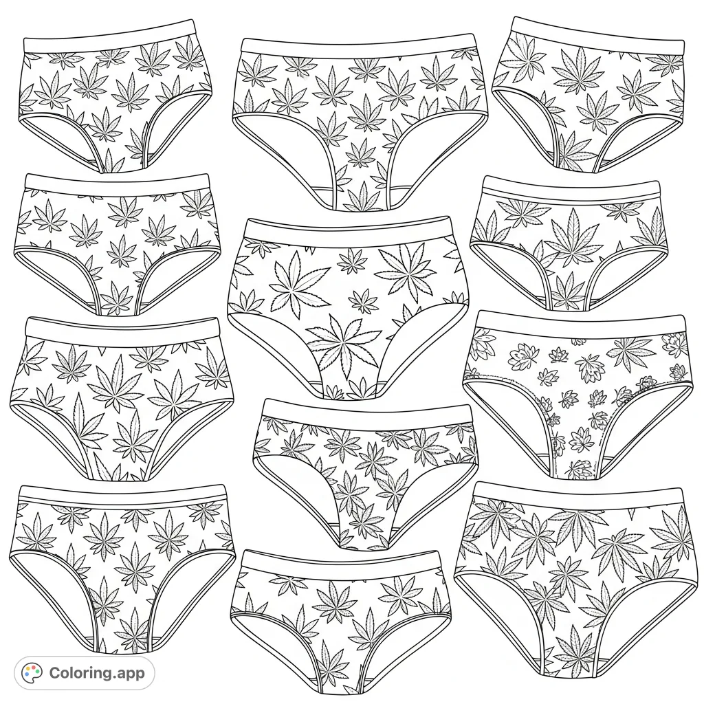 Explore a unique collection of various undergarments, each adorned with distinct marijuana leaf patterns. A detailed and engaging design for creative expression.