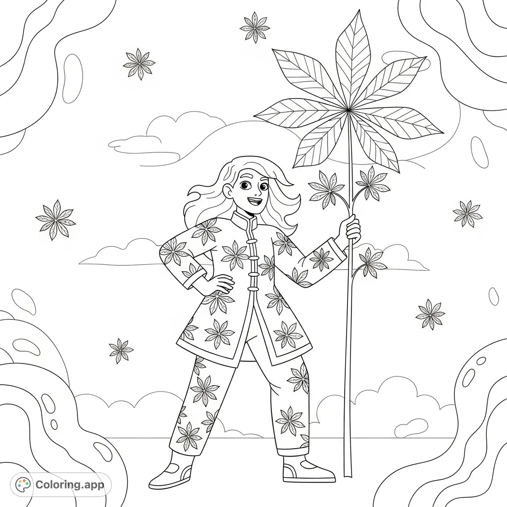 A cheerful cartoon character in a stylized, leaf-patterned outfit holds a seven-pointed leaf plant, surrounded by organic shapes.
