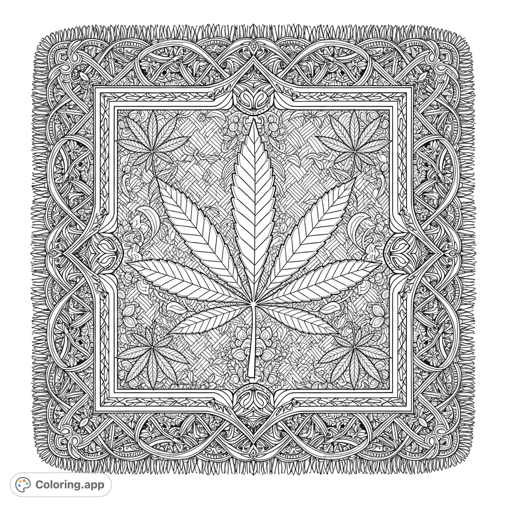 An intricate textile design showcasing a large, flourishing cannabis plant with seven-pointed leaves, framed by a symmetrical border of smaller leaves and floral patterns.