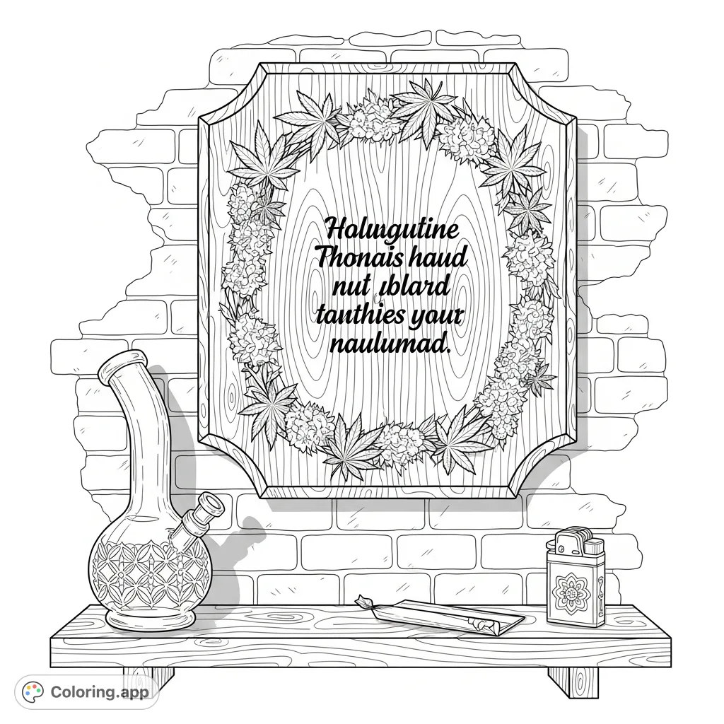 A detailed wooden plaque with an engraved casual quote and intricate cannabis leaf border hangs on a rustic brick wall, featuring a bong and accessories.