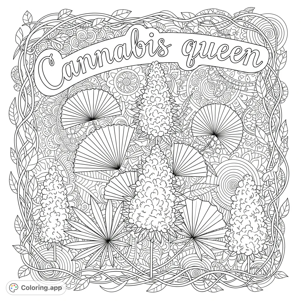 A dynamic Cannabis Queen coloring page featuring whimsical script, lush marijuana plants with fan-shaped leaves and dense buds, all against intricate lace and spiral patterns.