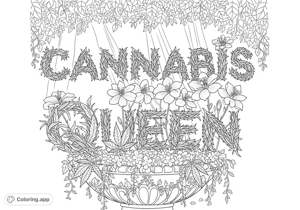 An intricate 'Cannabis Queen' botanical coloring page, featuring lush cannabis plants, exotic flowers, and trailing vines within an enchanting garden setting.