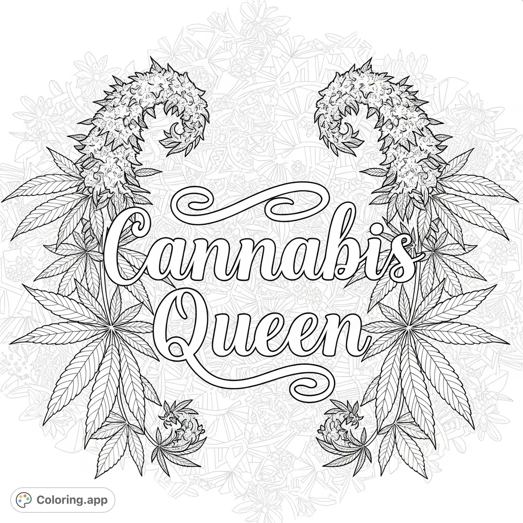 An intricate Cannabis queen coloring page featuring elegant script, lush marijuana plants, and detailed geometric-floral patterns. Perfect for adult colorists.
