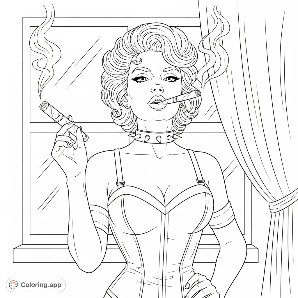 A sophisticated cannabis queen pin-up woman holds a cigar, smoke curling from her lips, set against a window backdrop. An empowering figure for adult colorists.