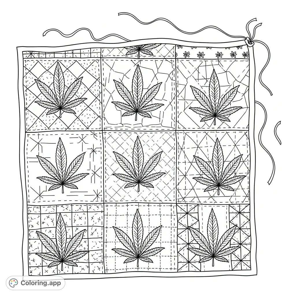 An intricate coloring page featuring a hand-stitched quilt adorned with detailed cannabis leaf motifs and visible stitching, perfect for adult colorists.