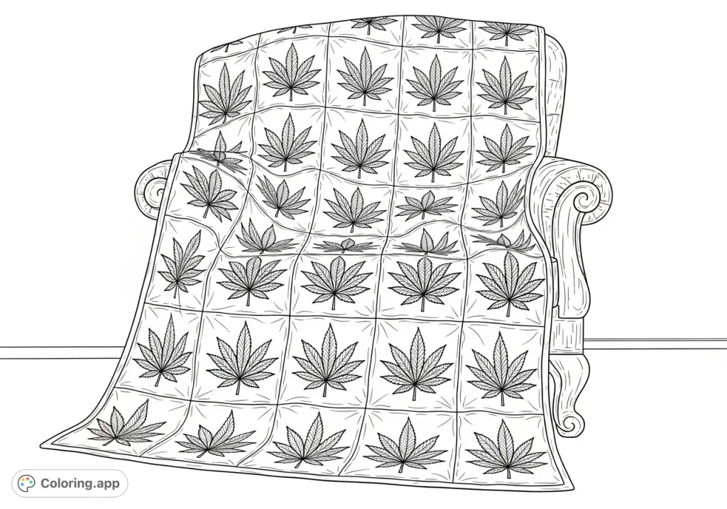 An intricate handmade quilt featuring detailed cannabis leaf patterns draped over a classic wooden armchair, perfect for adult coloring page enthusiasts.