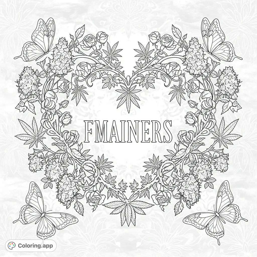 An intricate cannabis rose heart frame with a prominent quote, surrounded by stylized buds and patterned butterflies. A unique adult coloring page.