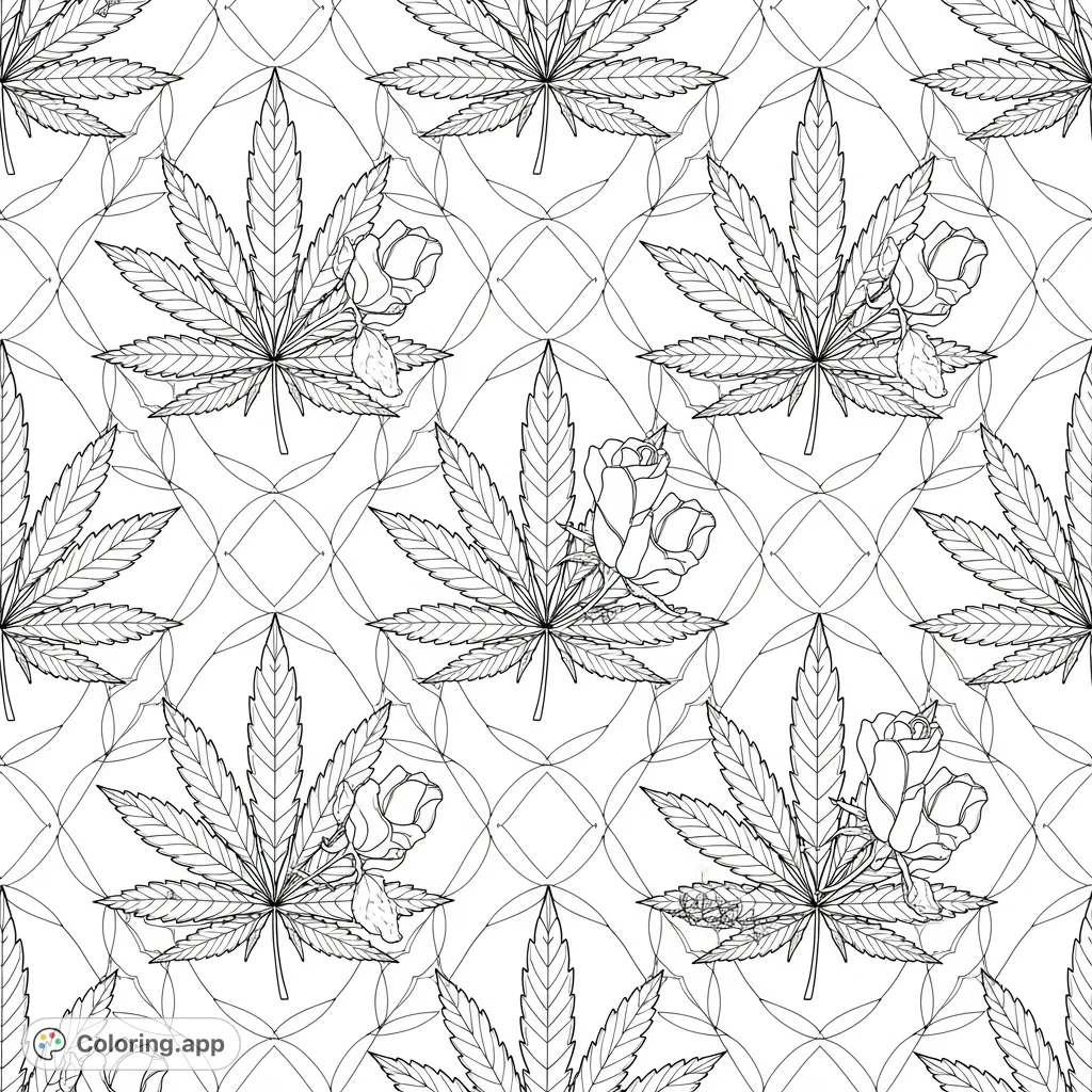 An intricate repeating pattern of stylized cannabis leaves with delicate rosebuds, interwoven with a subtle, interlocking ribbon lattice design, perfect for adults.
