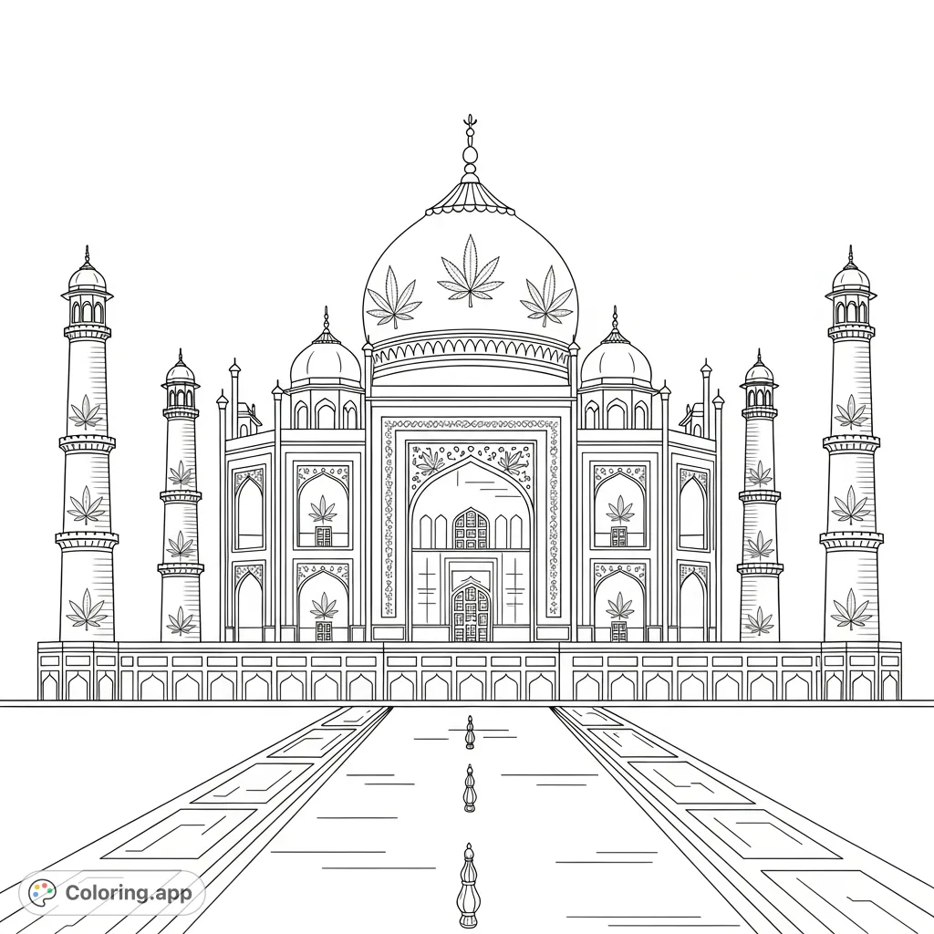 An intricate cannabis themed Taj Mahal coloring page, featuring grand domes, elegant minarets, and symmetrical arches adorned with stylized leaf patterns reflected in a tranquil pool.