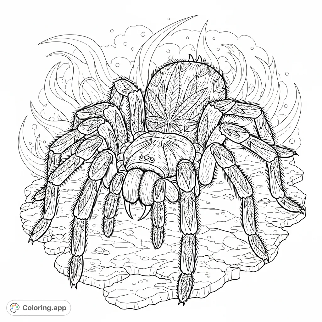 An intricately detailed tarantula with cannabis leaf patterns across its body and legs, set against a stylized background, offering a unique adult coloring experience.