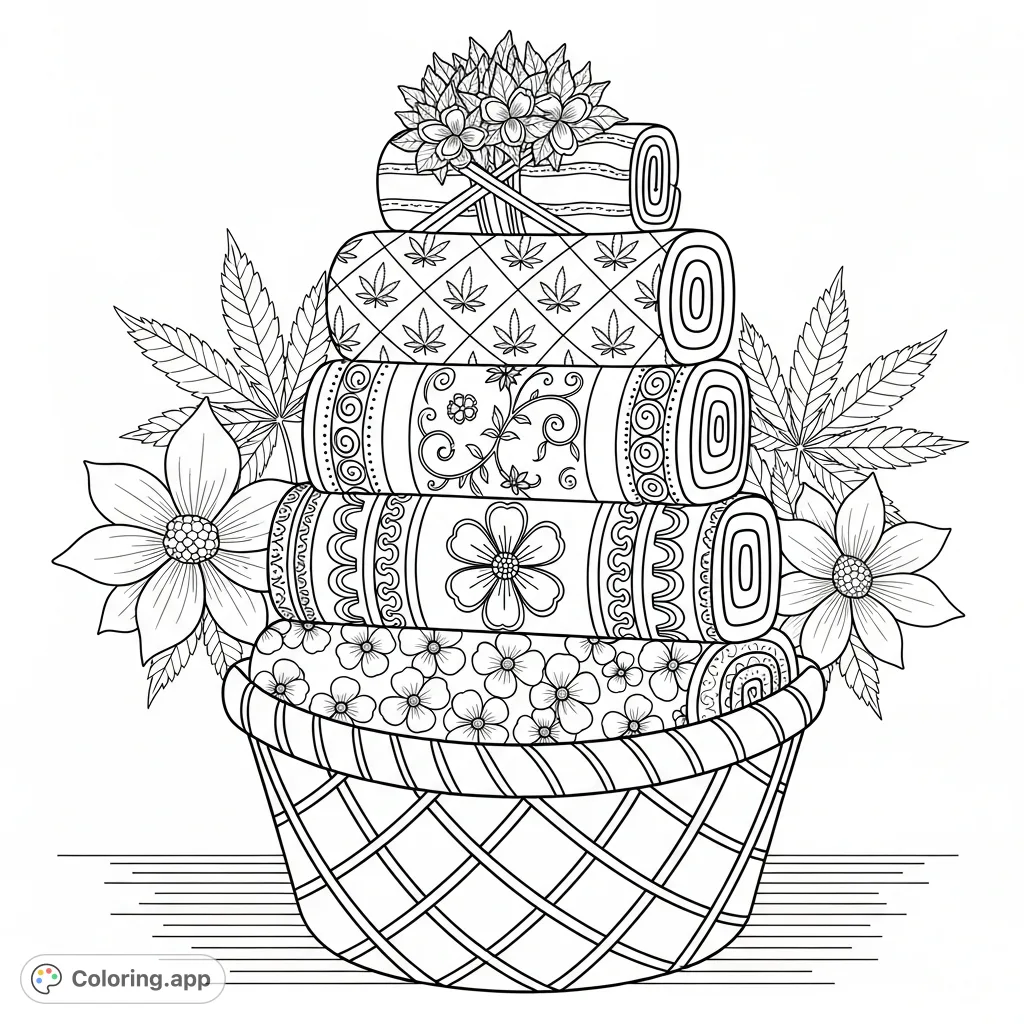 Explore intricate patterns of cannabis leaves and floral motifs across beautifully rolled textiles in a rustic basket, flanked by detailed flowers and leaves. A unique artistic challenge.