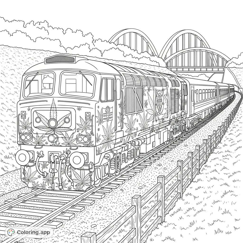 A powerful diesel locomotive with prominent cannabis leaf patterns pulls passenger carriages along a winding track, surrounded by a scenic landscape.