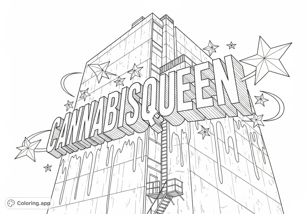 Imposing "CANNABISQUEEN" lettering with sharp angles, paint drips, and stars on a concrete building, partially obscured by a fire escape. A powerful urban art piece.