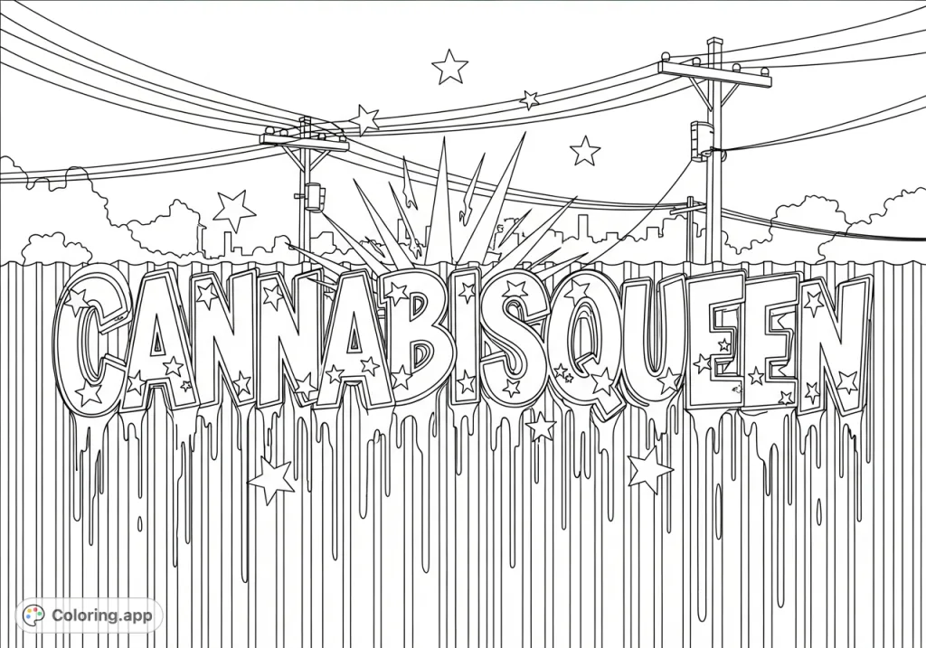 Bold "CANNABISQUEEN" text with sculptural letters and radiating stars on a corrugated fence, set against a hazy city sky with utility poles. A unique coloring page.