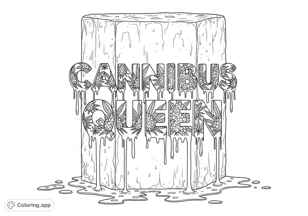 An intricate coloring page featuring 'CANNIBUS QUEEN' carved into a weathered pillar, detailed with stylized cannabis plants and heavy, flowing drips.