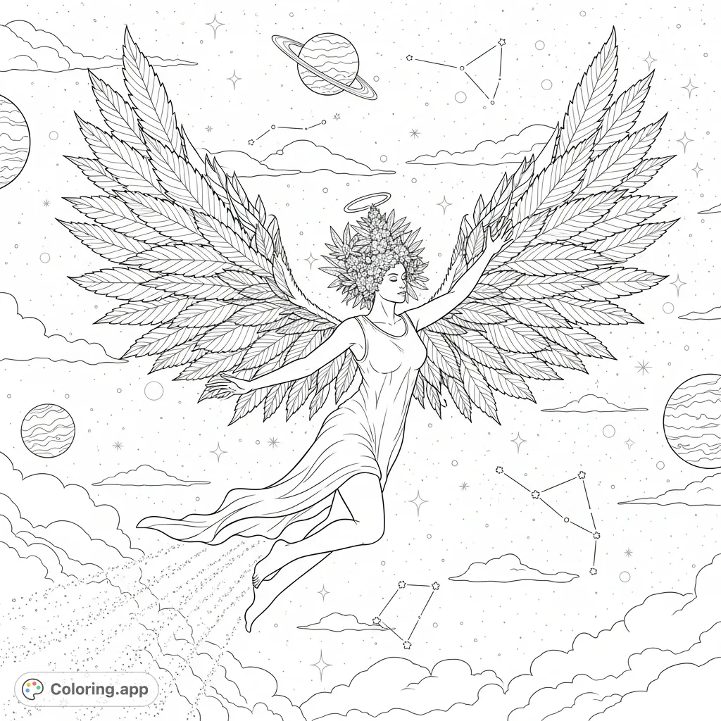 A majestic angel with wings of intricate cannabis leaves and a crown of cannabis flowers soars through a cosmic sky, leaving a stardust trail. A unique, celestial journey.